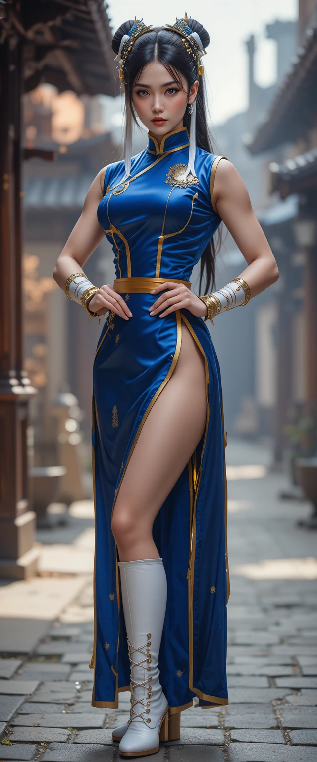 Cinematic portrait of a woman in a blue martial arts outfit