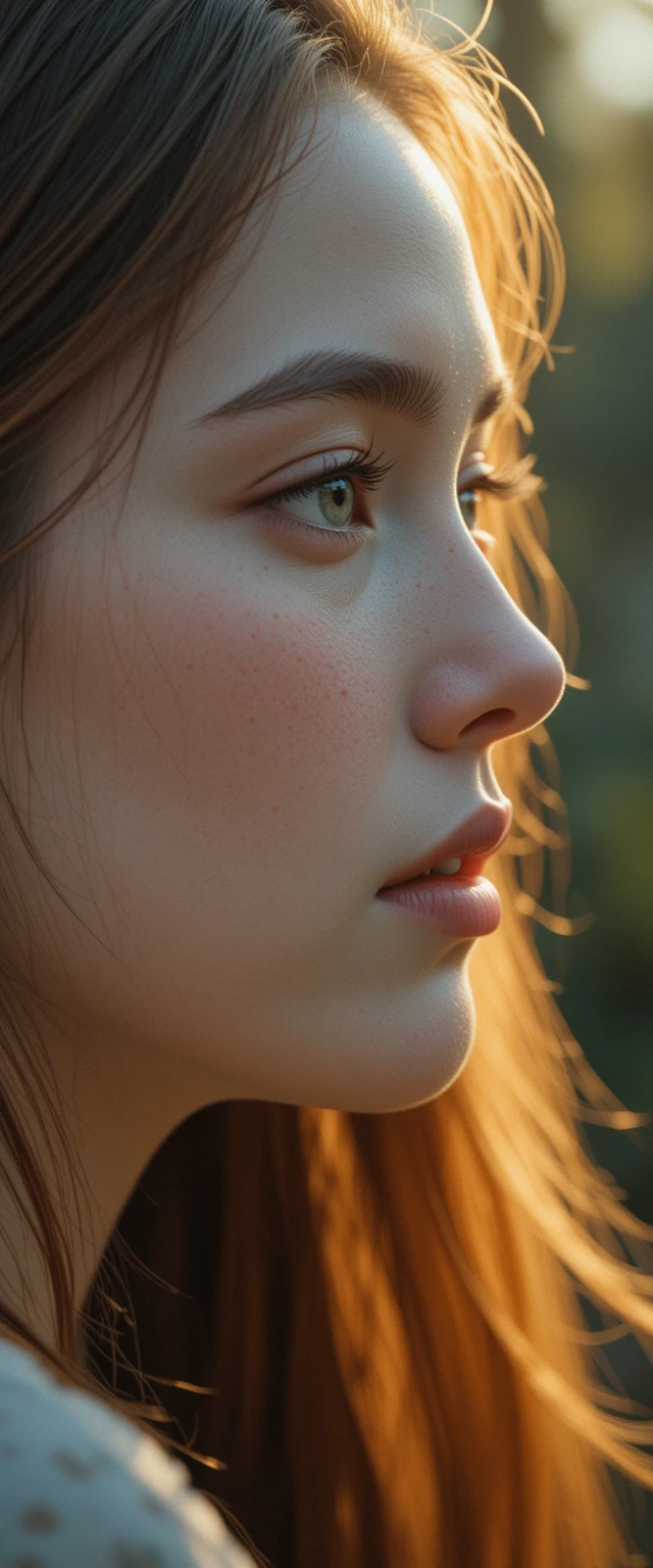 Cinematic close up profile portrait of a freckled young woman