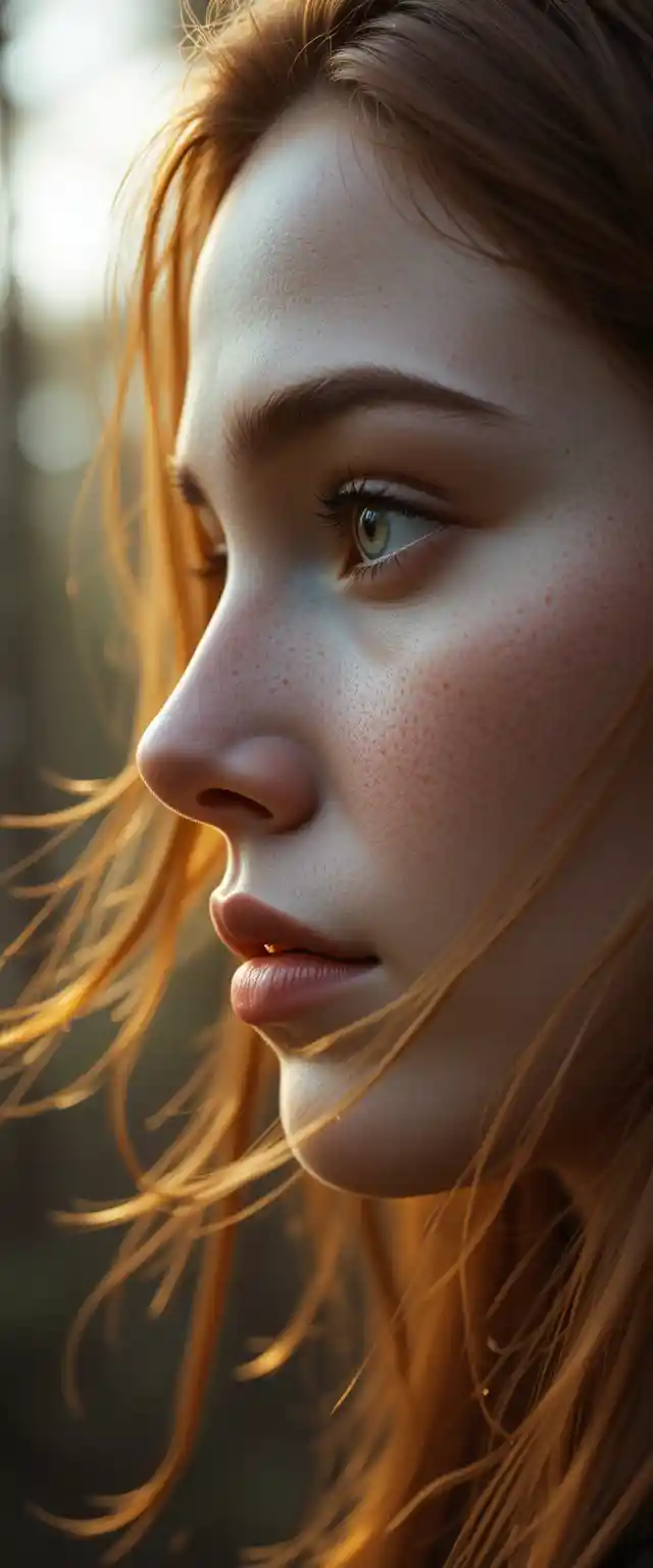 Side profile portrait of young woman in golden forest light