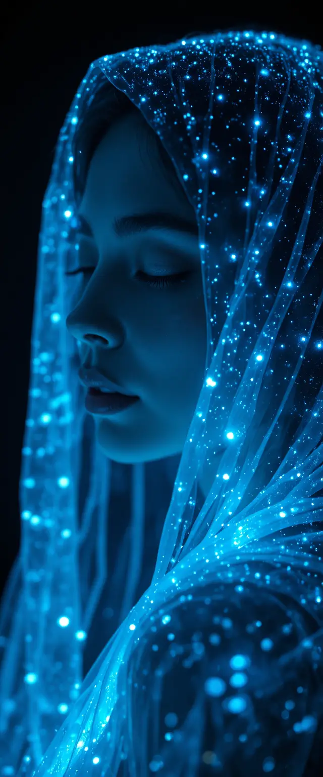 Serene woman in profile with glowing blue particle veil