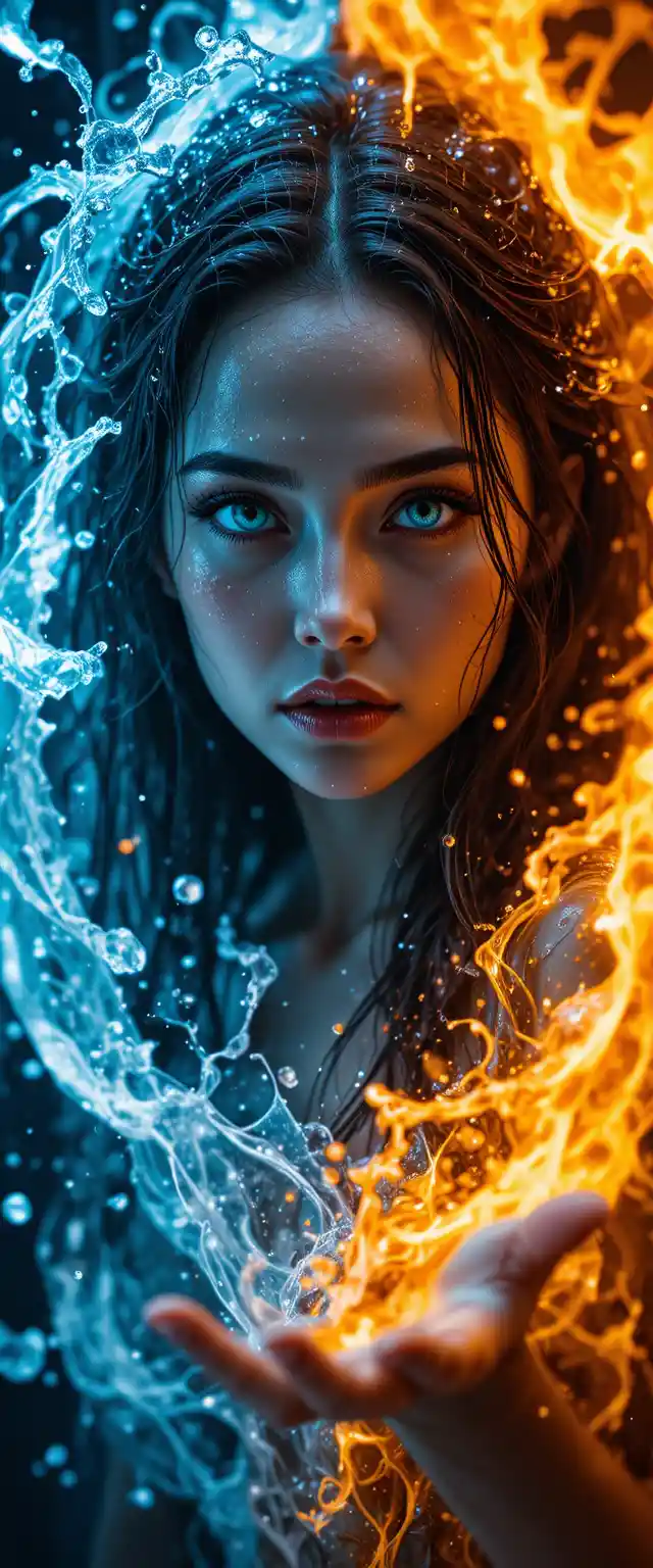 Fantasy woman between water and fire elemental forces