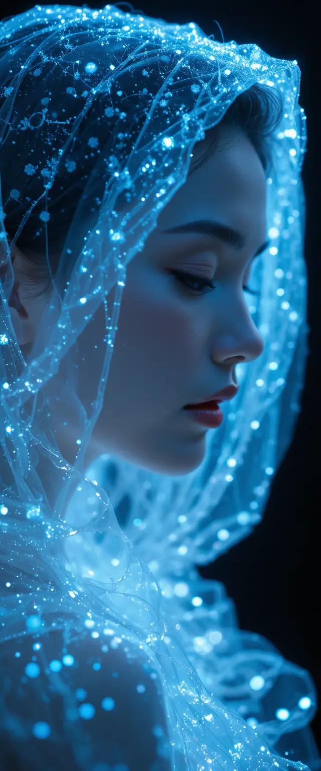 Serene woman in profile wrapped in glowing blue veil