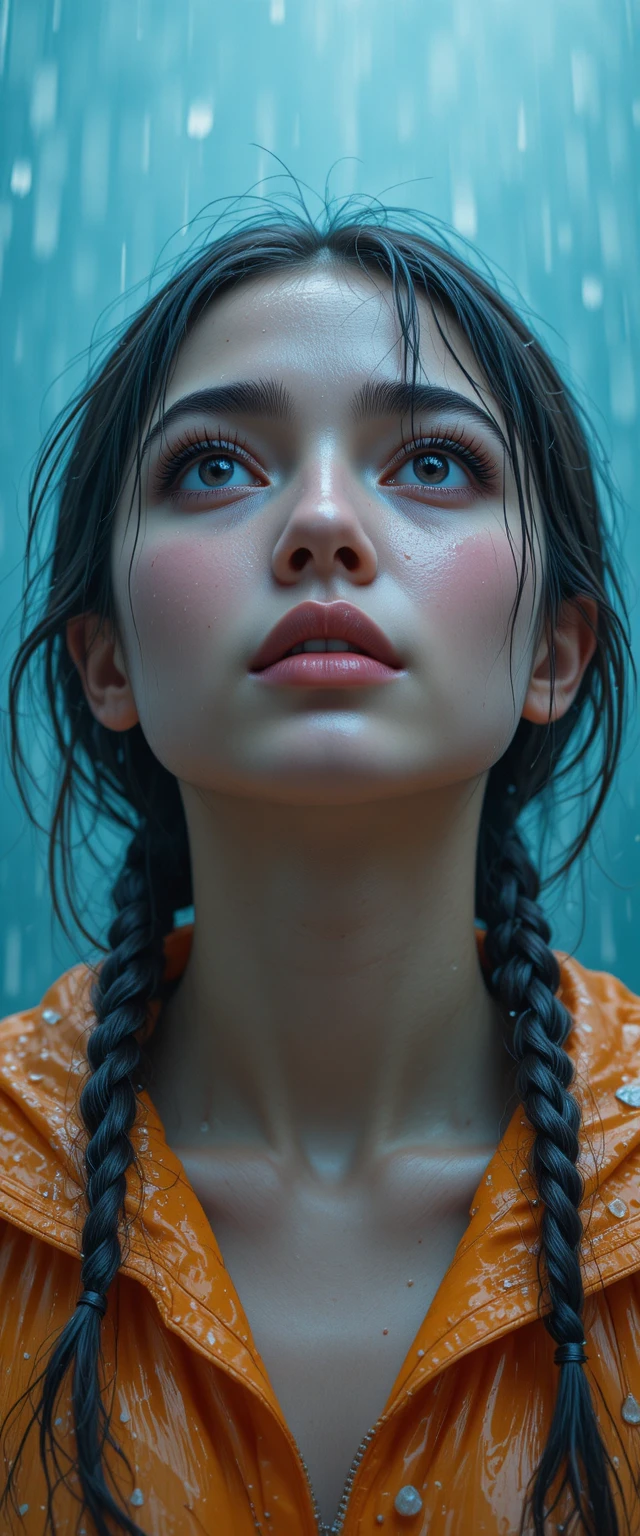 雨中抬頭仰望天空的年輕女子