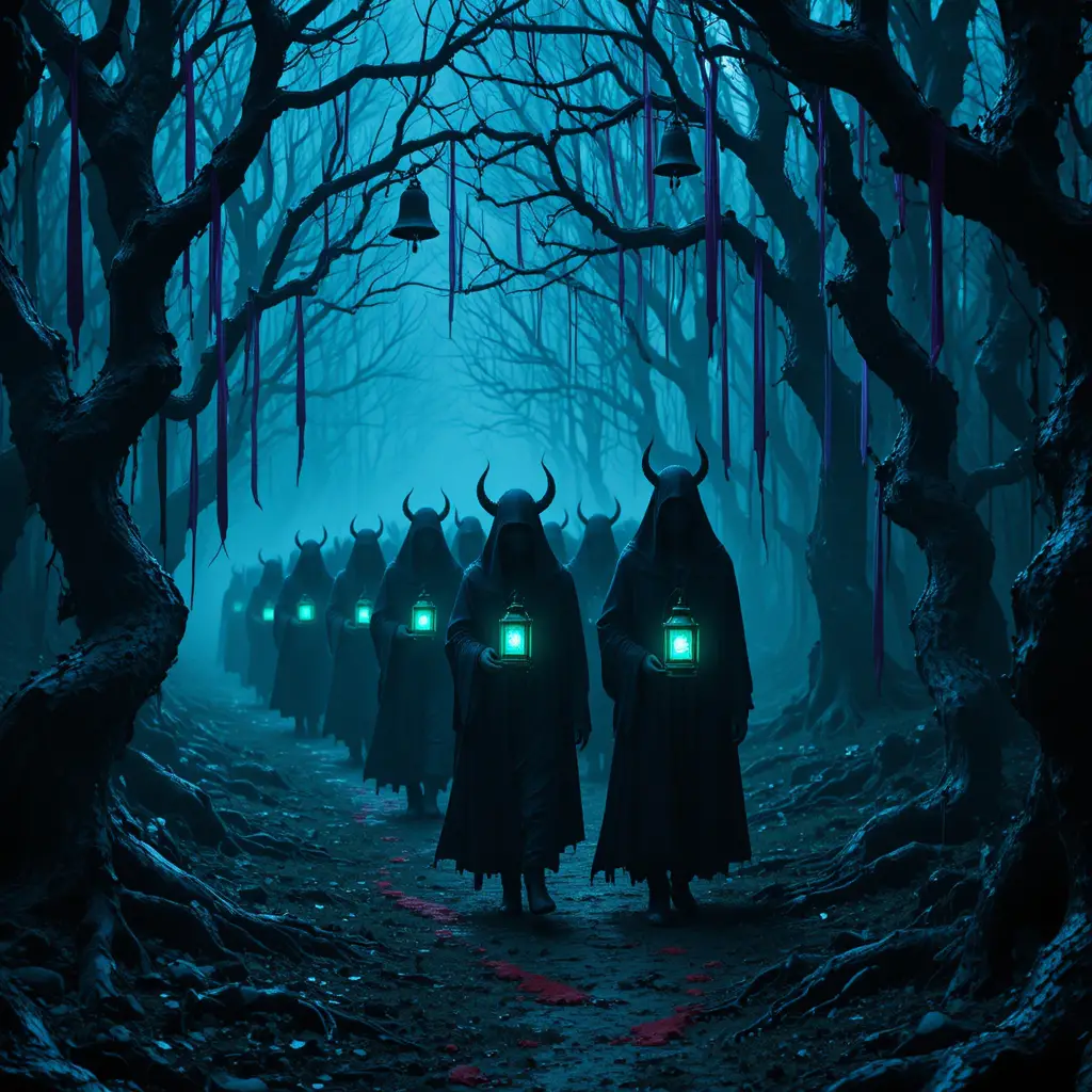 Hooded demons with green lanterns in a twisted forest