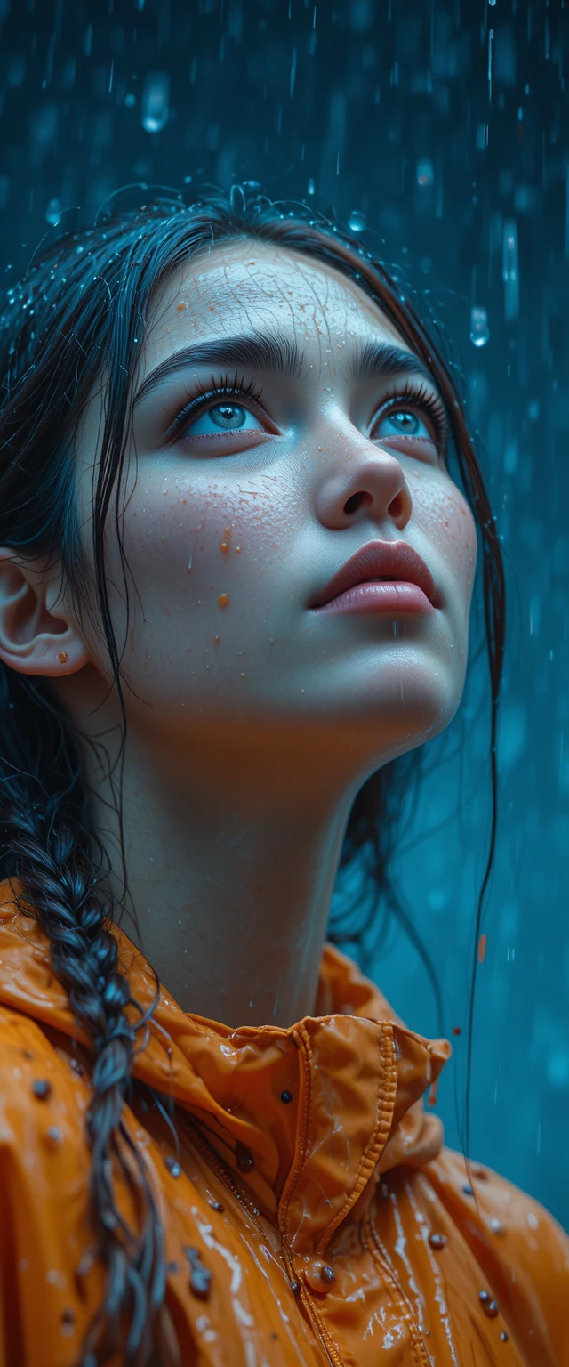 Young woman in the rain looking up toward the sky