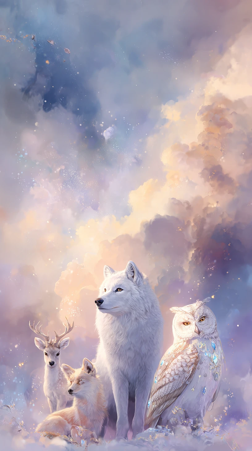 Ethereal animal guardians beneath an enchanted magical sky