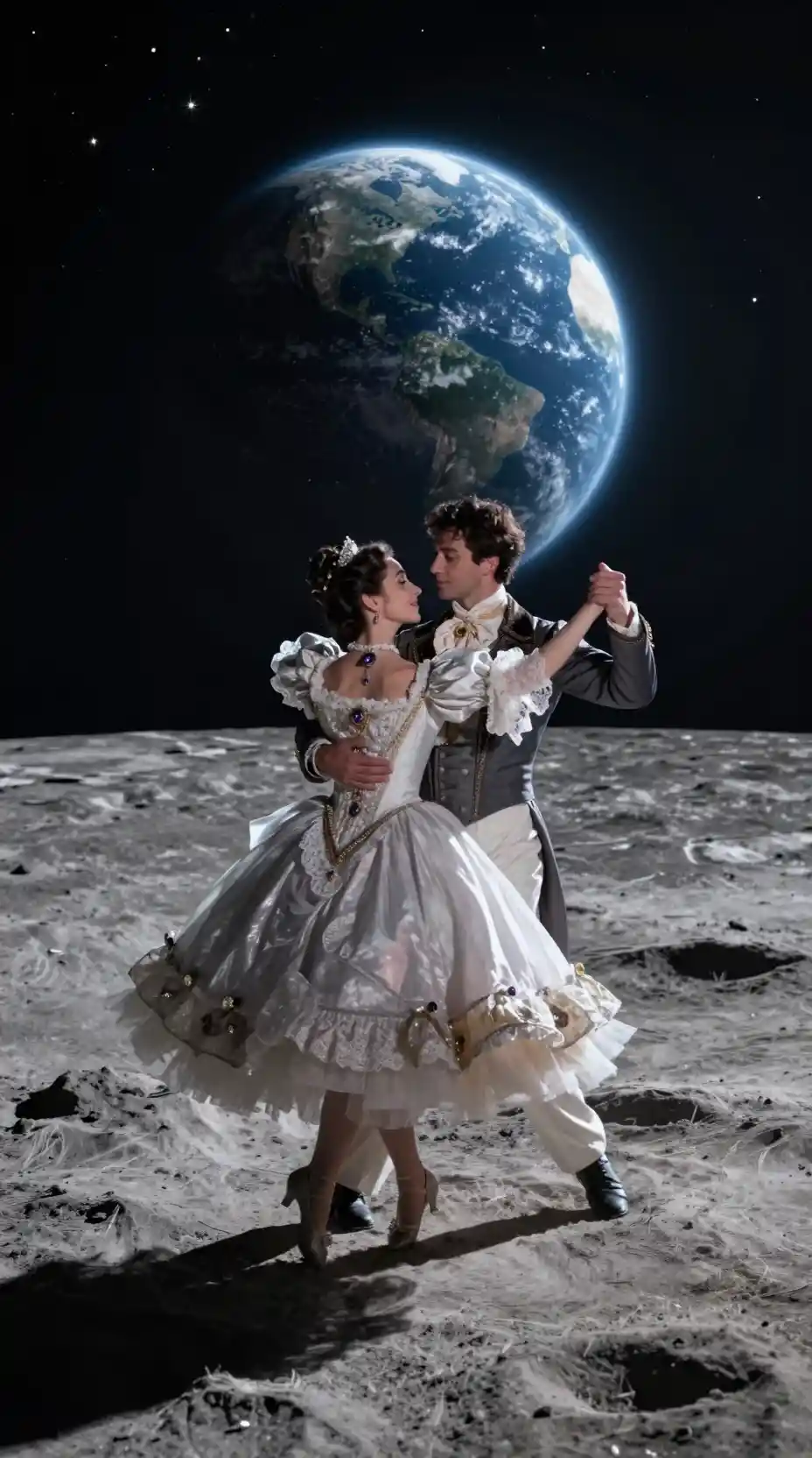 Pareja victoriana bailando elegantemente un vals de salón en la Luna