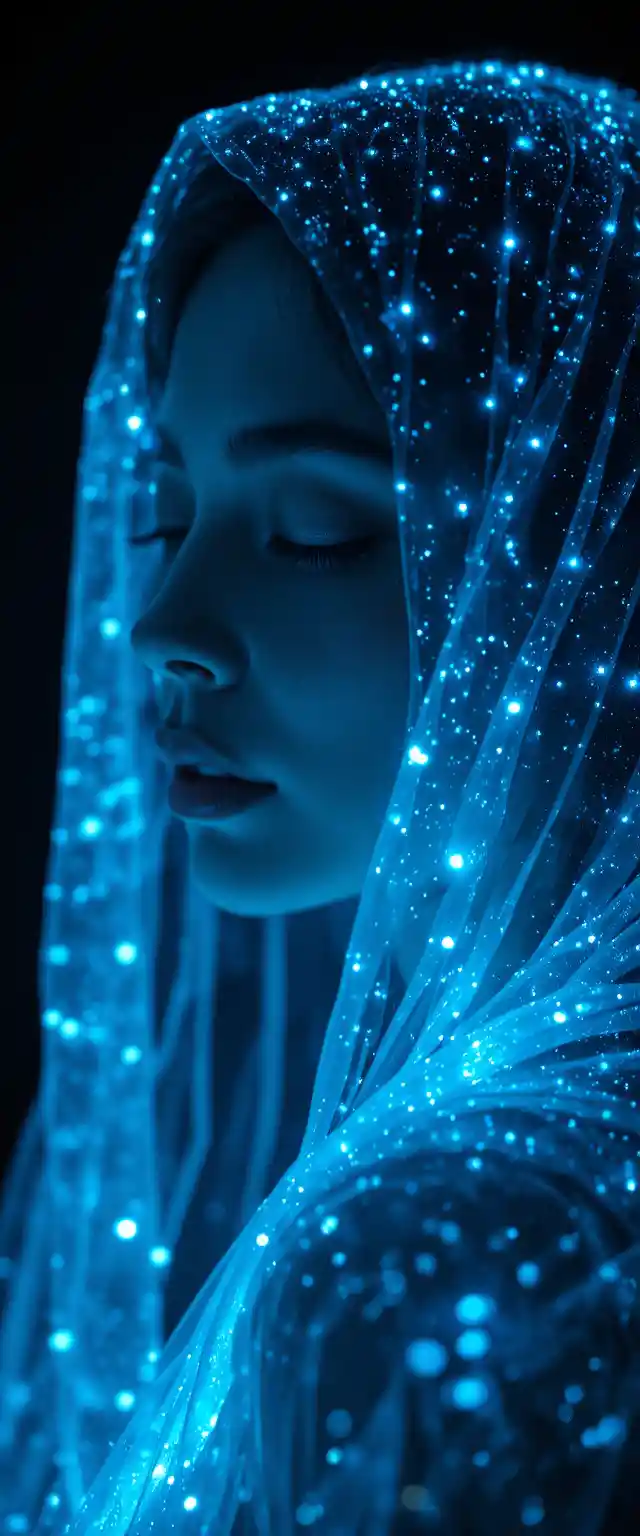Serene woman in profile with glowing blue particle veil