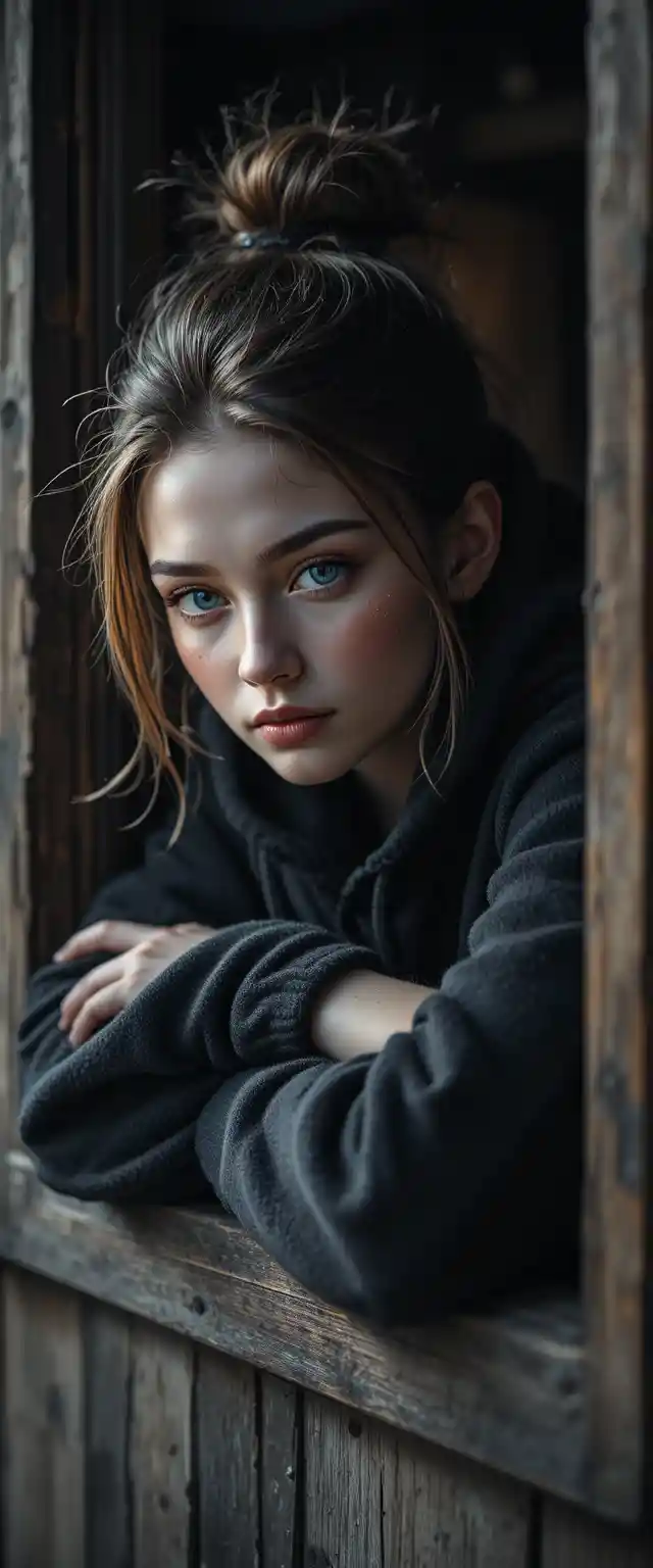 Young woman leaning from rustic window in soft daylight