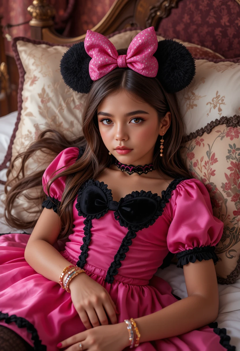 Niño preadolescente con disfraz de Minnie Mouse en cama con dosel de hotel
