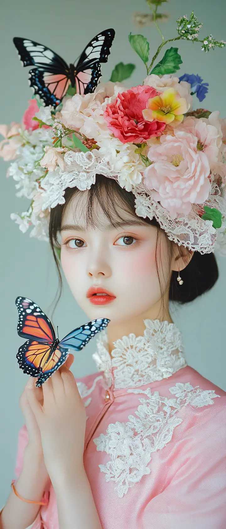 Elegant woman in pink cheongsam with butterflies