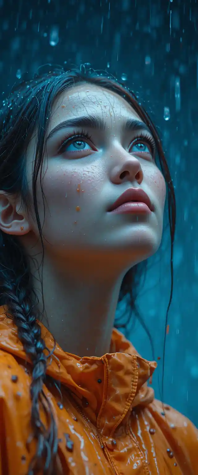 Young woman in the rain looking up toward the sky