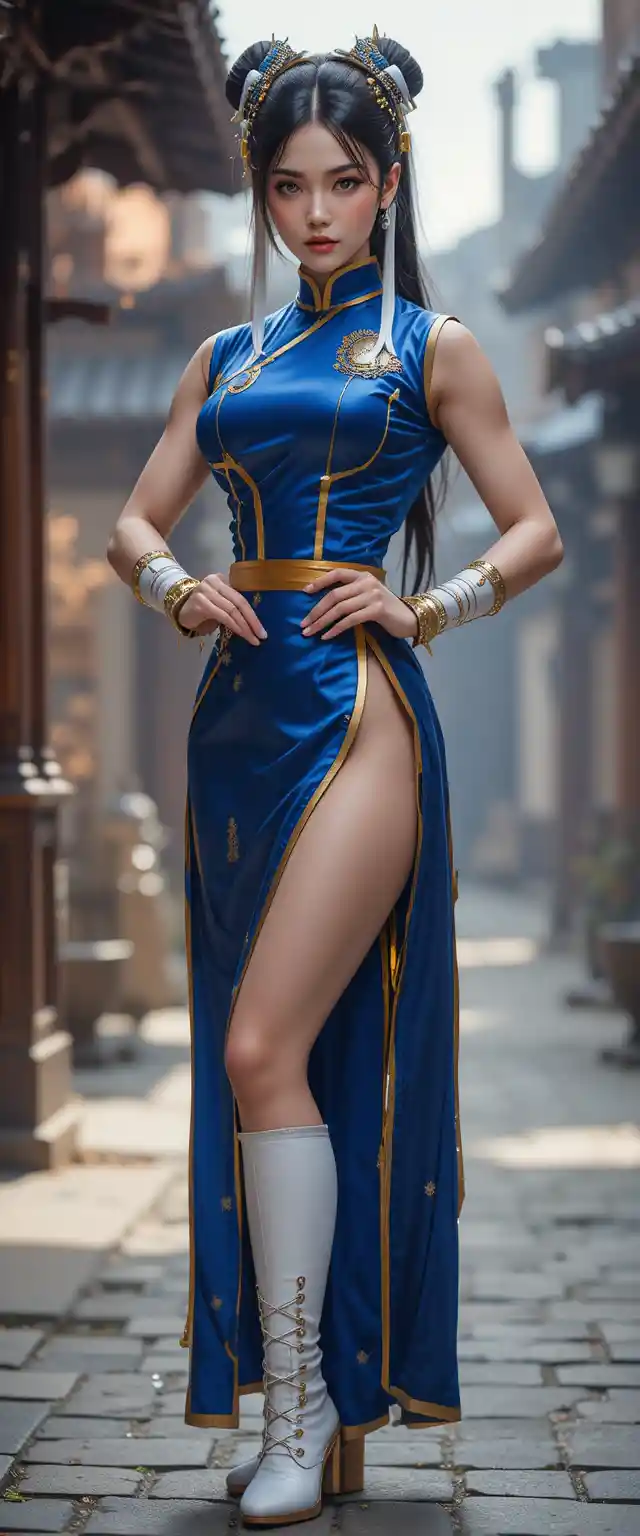 Cinematic portrait of a woman in a blue martial arts outfit