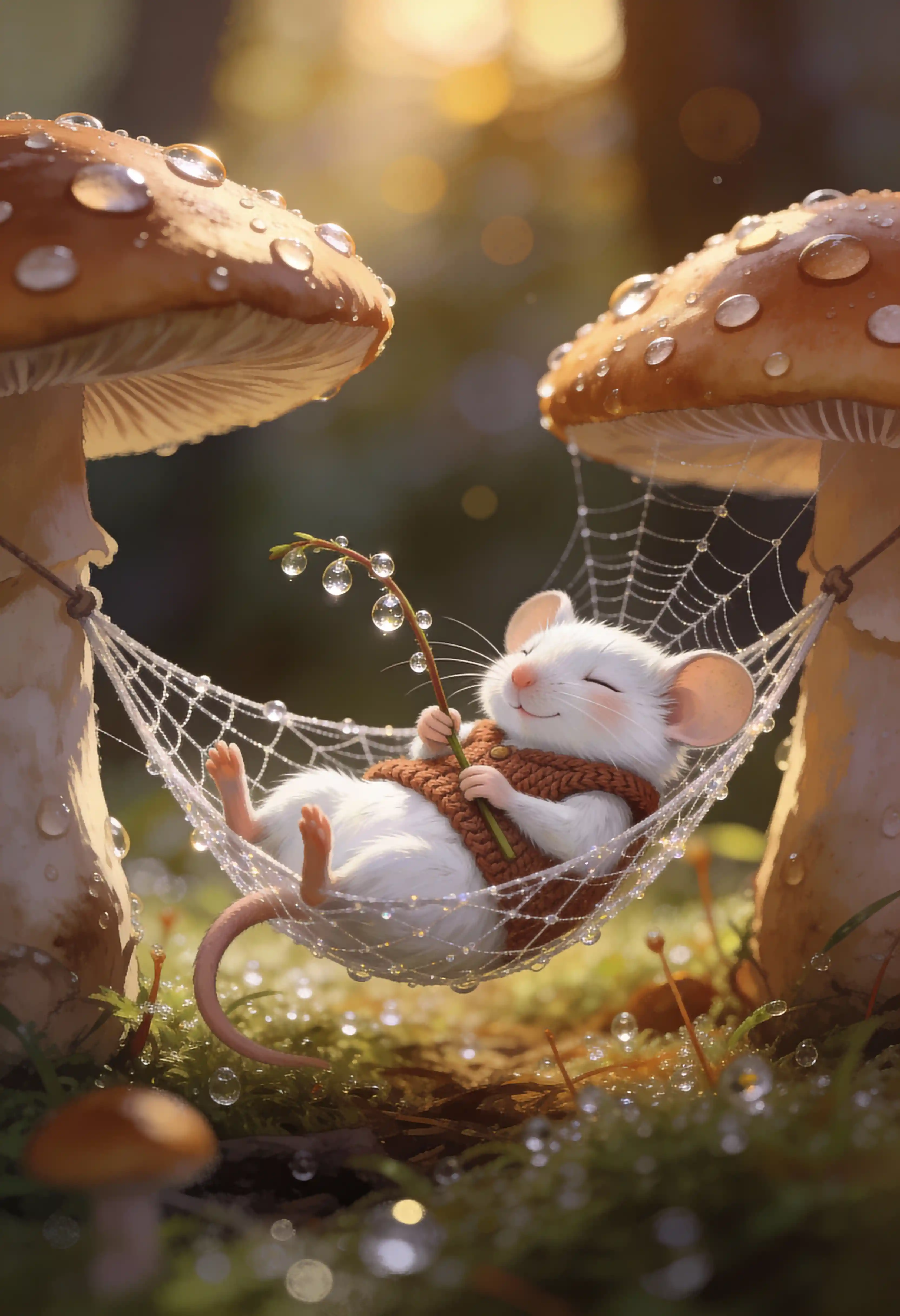 White mouse resting in a spiderweb hammock between mushrooms