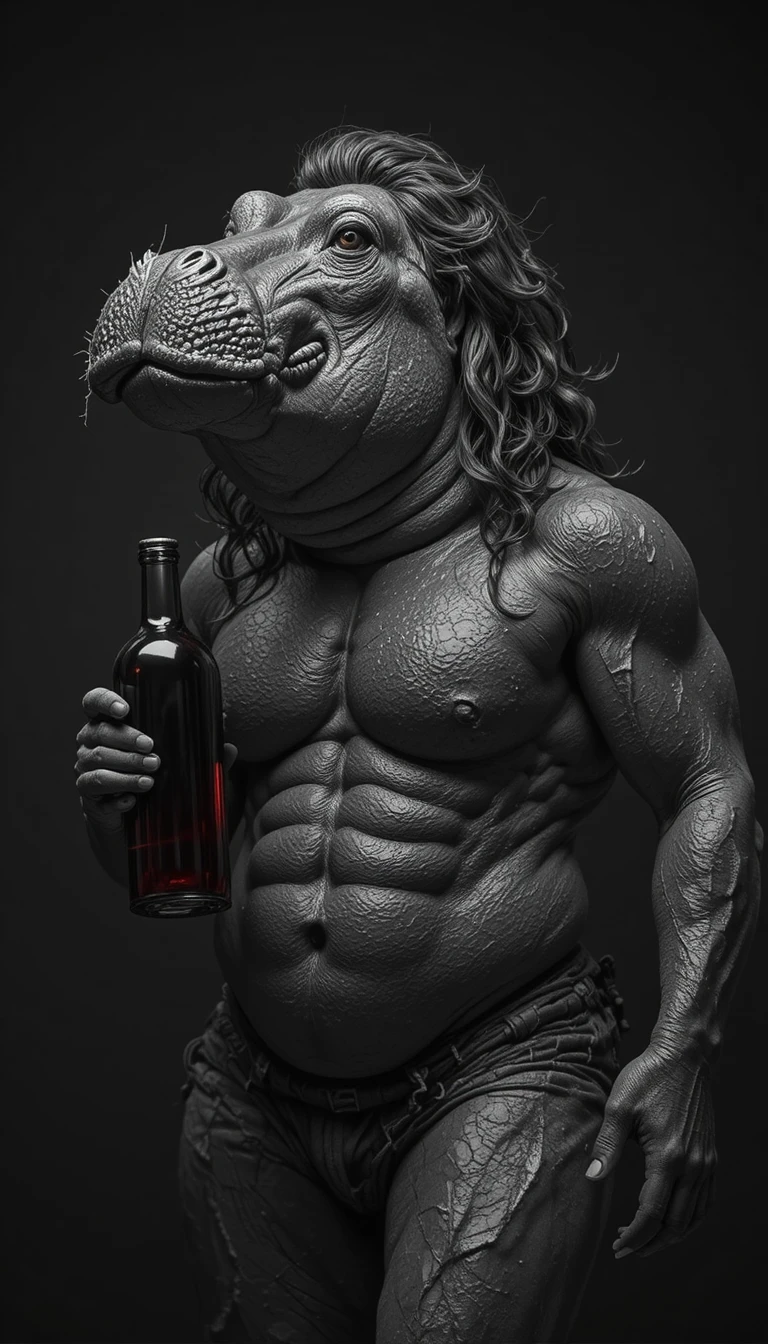 Muscular hippopotamus in tanga holding red wine bottle