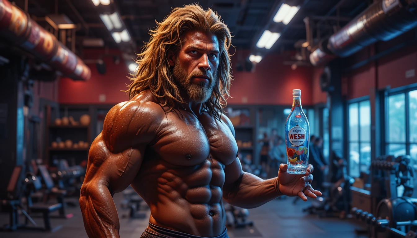 León musculoso en tanga posando en un gimnasio con luz suave