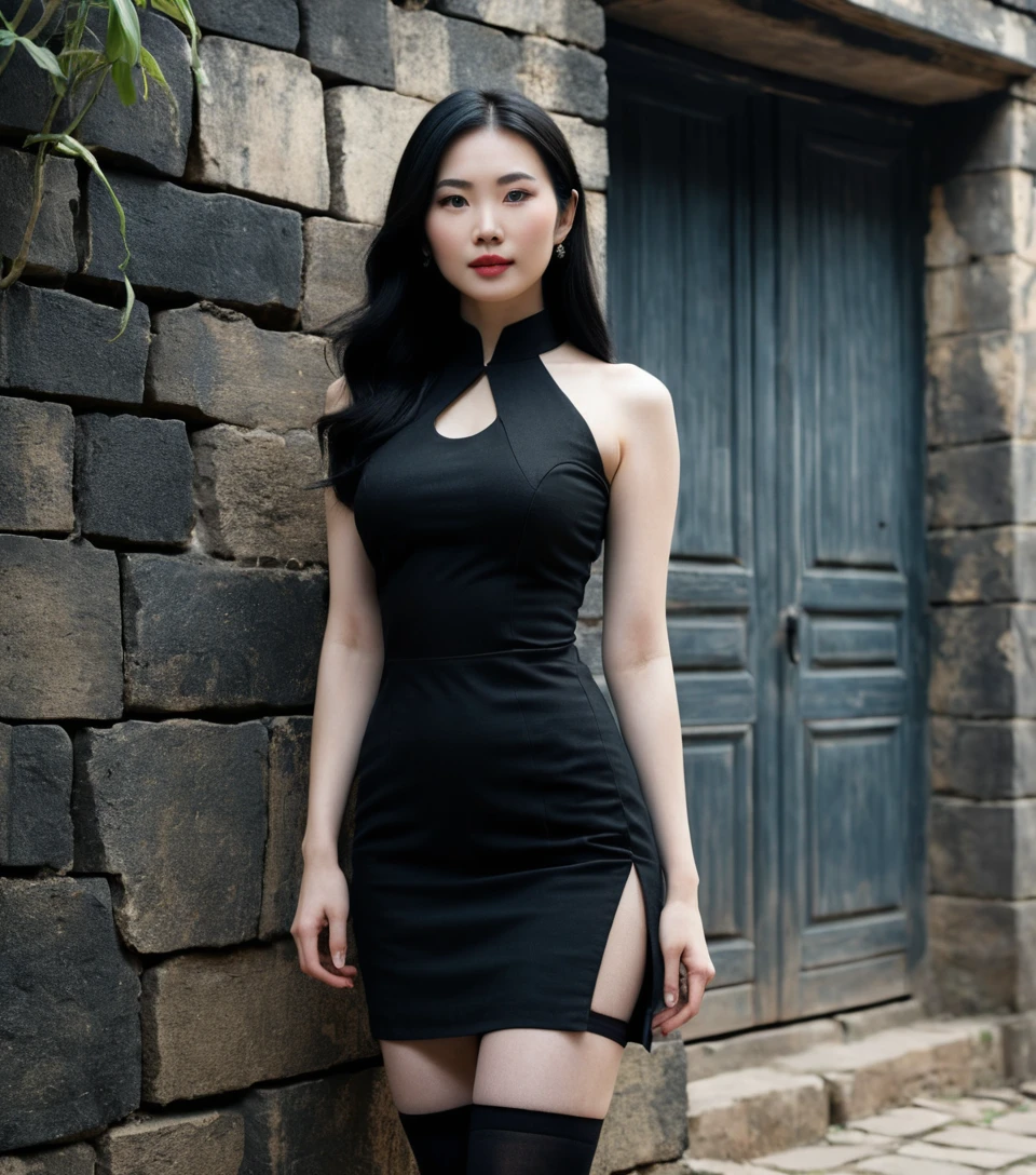 옛 흙벽집에 선 어두운 드레스를 입은 베트남 여성