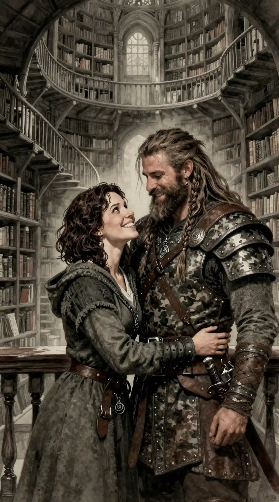 Guerrero y mujer sonriendo juntos en una inmensa biblioteca