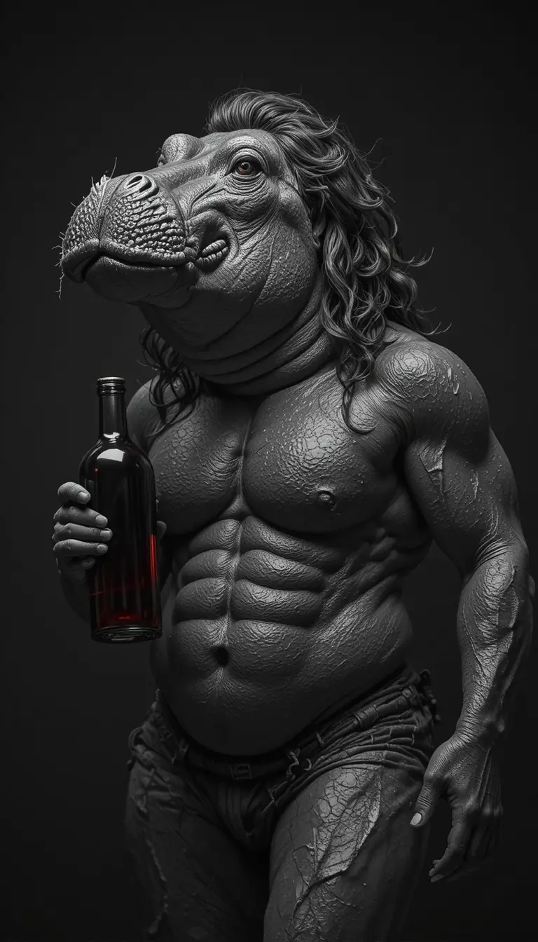 Hipopótamo musculoso de tanga segurando garrafa de vinho tinto