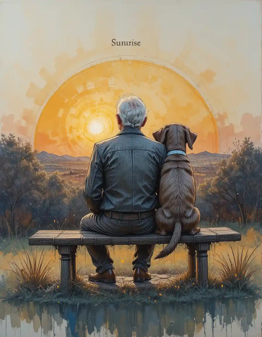 Hombre mayor y perro en un banco al amanecer tranquilo
