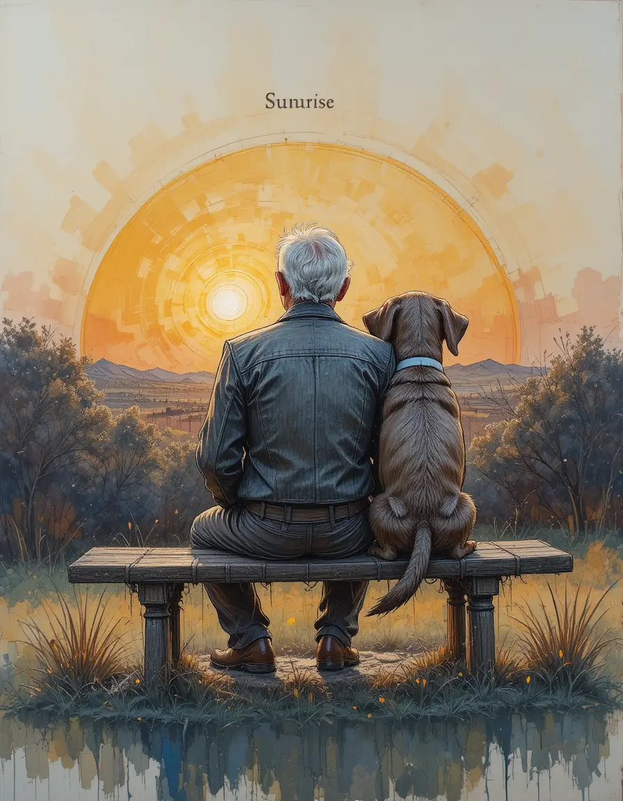 Elderly man and dog on a bench at tranquil sunrise