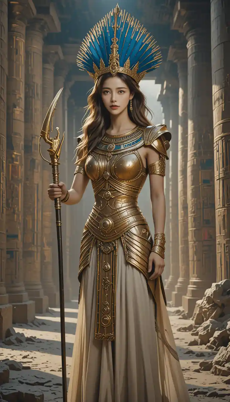 Ancient Egyptian warrior queen in ruined temple columns