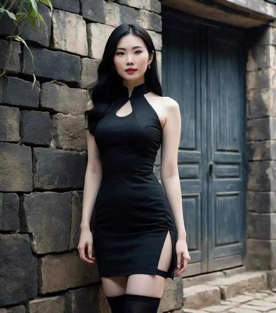옛 흙벽집에 선 어두운 드레스를 입은 베트남 여성