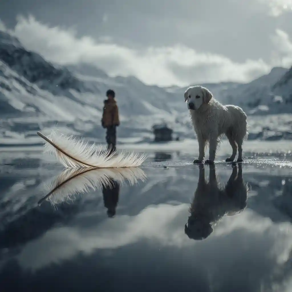 Young boy and dog balancing on a feather over water
