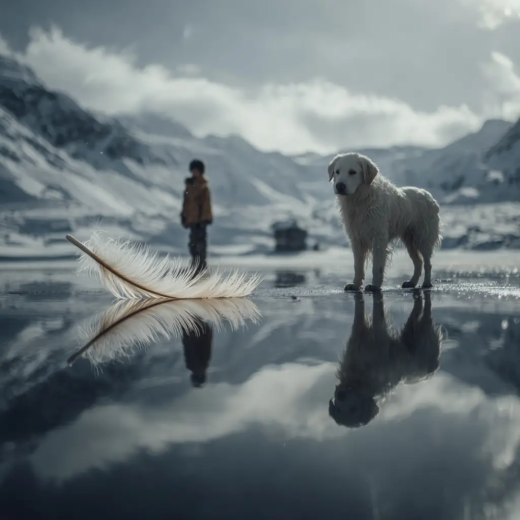 Young boy and dog balancing on a feather over water
