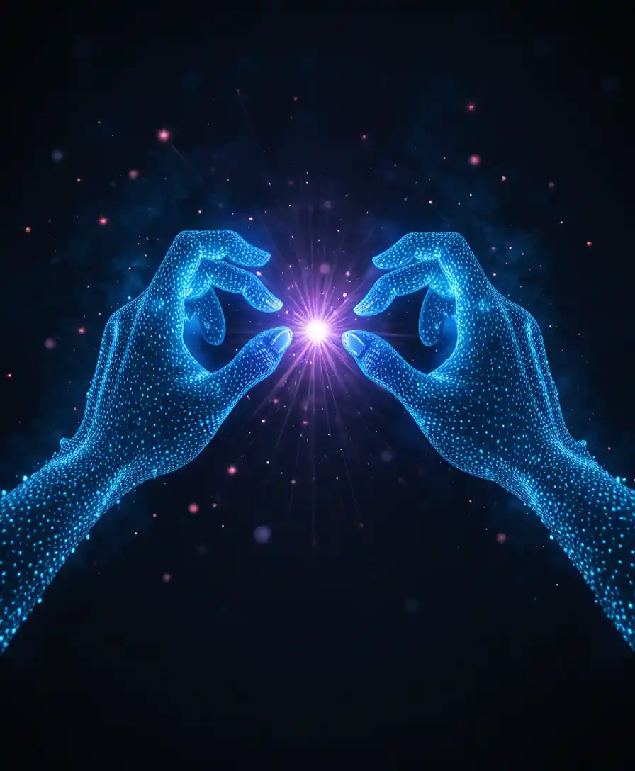 Mani digitali luminose tese verso una scintilla cosmica radiante