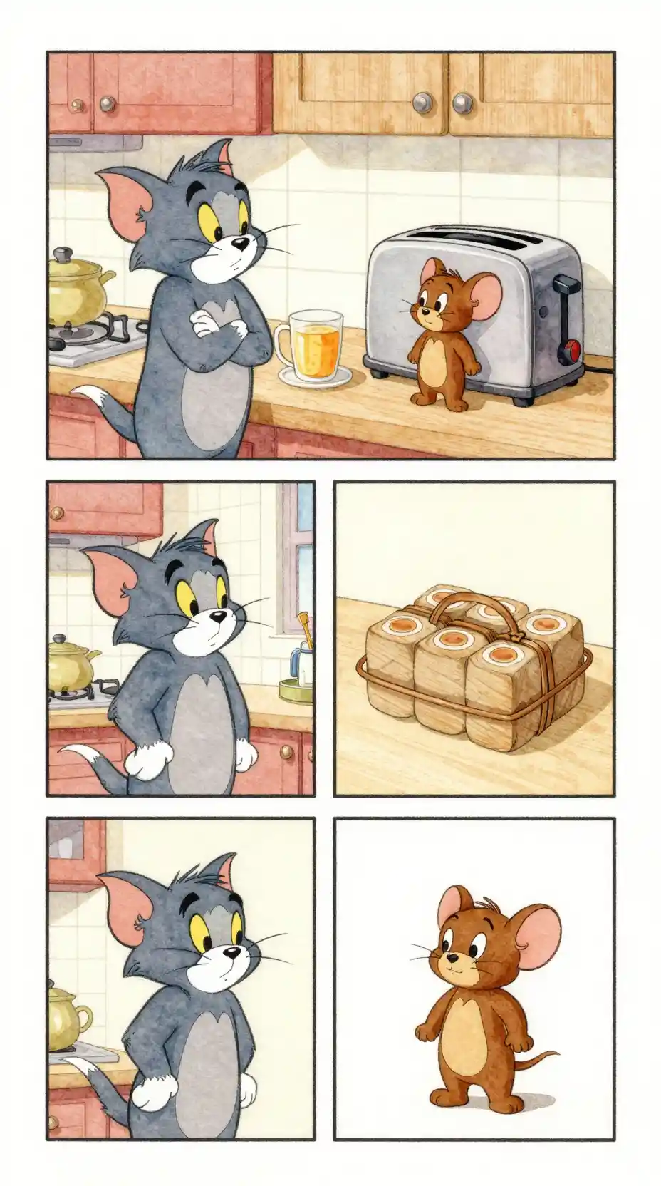 Watercolor cartoon cat with snacks in a cozy kitchen