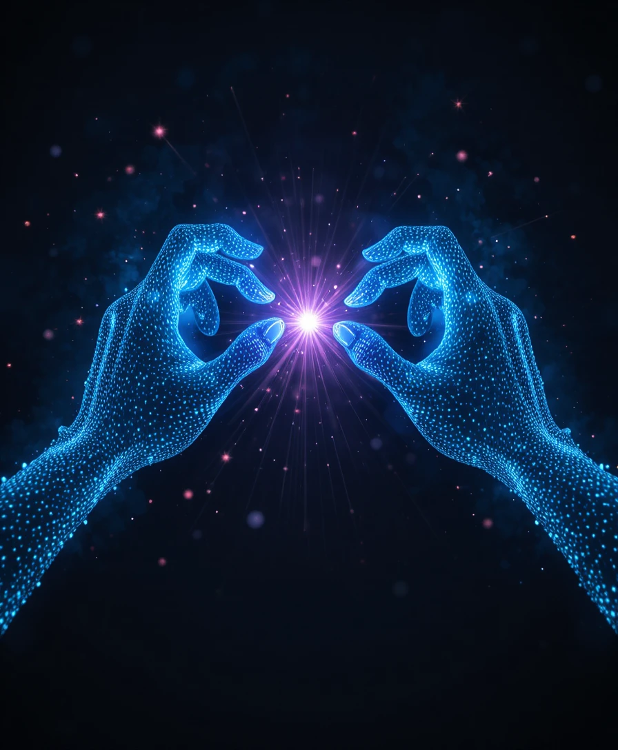 Manos digitales brillantes alcanzando una chispa cósmica luminosa