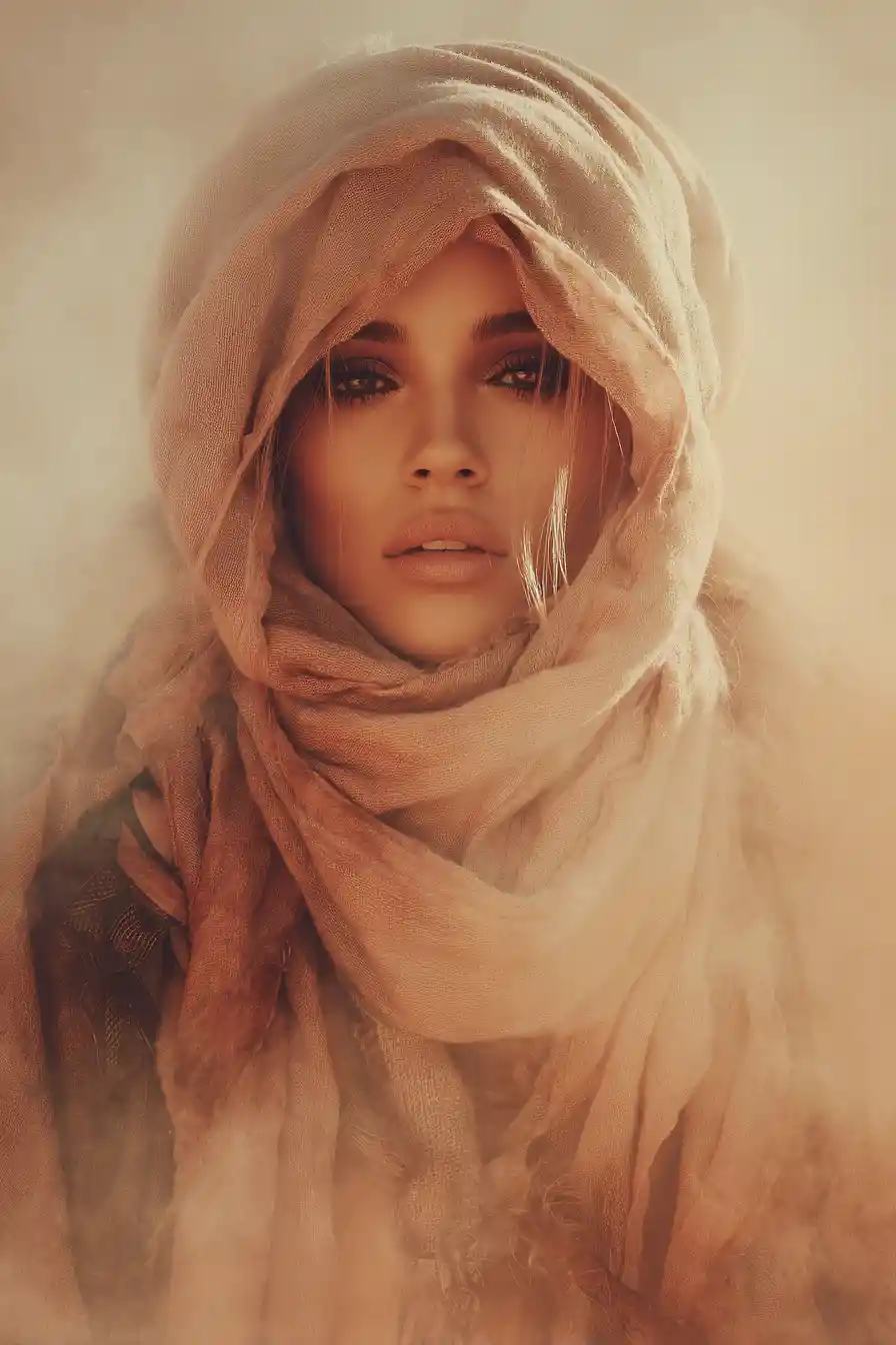 Woman in desert sand storm with flowing scarf portrait