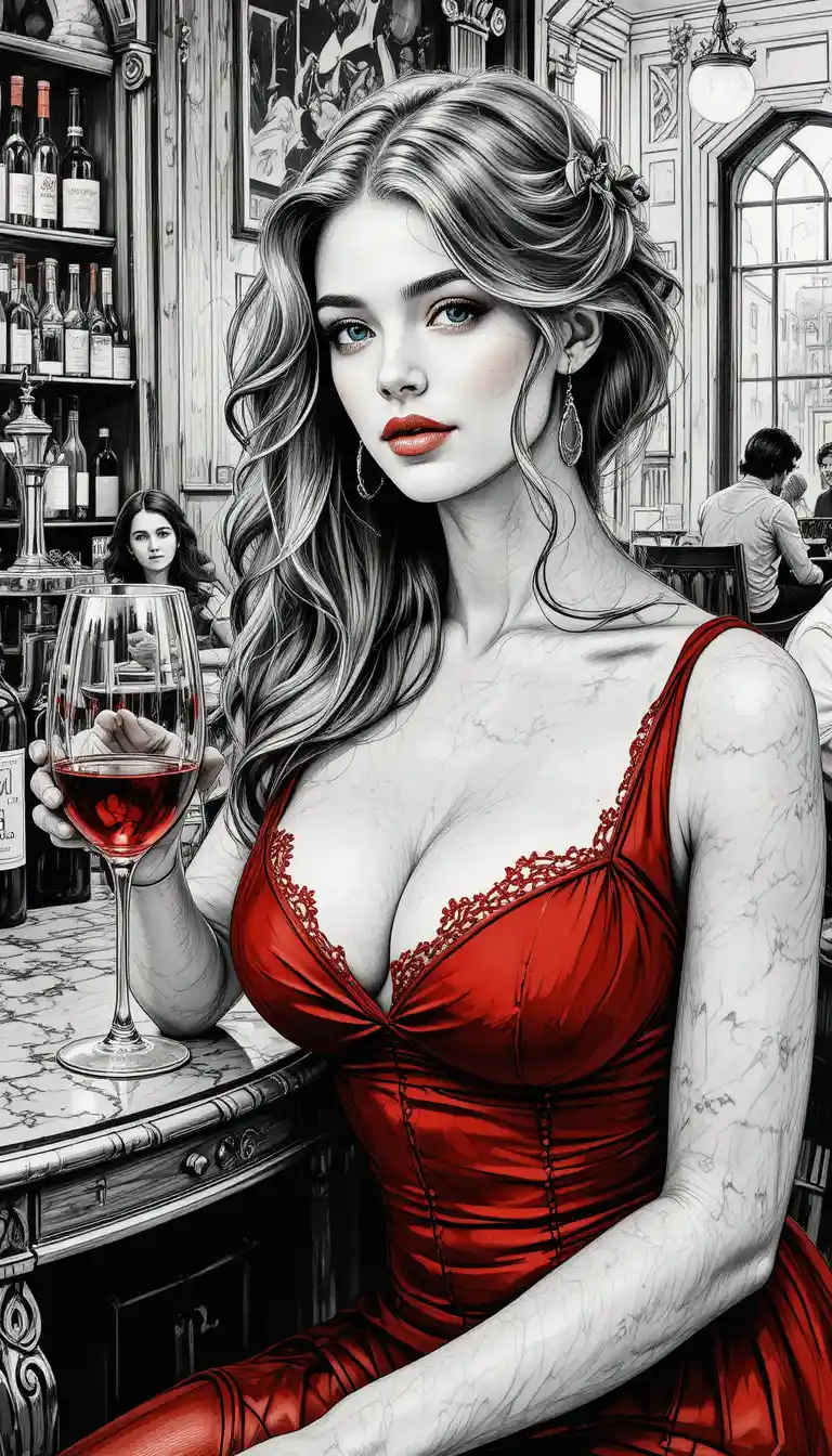 Junge Frau im roten Kleid mit Wein in gemütlichem Café