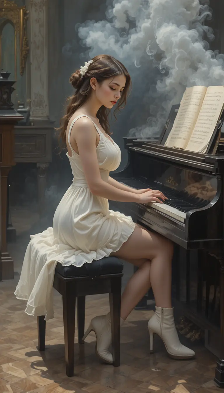 Young woman in white playing piano in smoky room