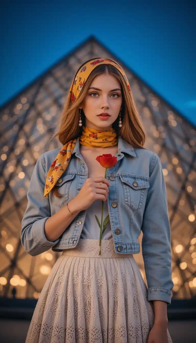 Stylish young woman with poppy in front of Louvre pyramid