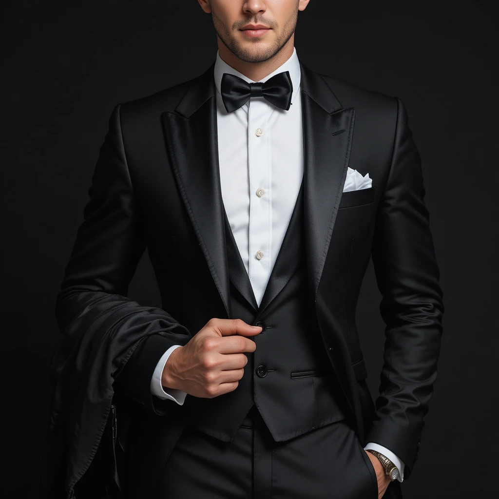 Elegant man in black tuxedo against solid black background
