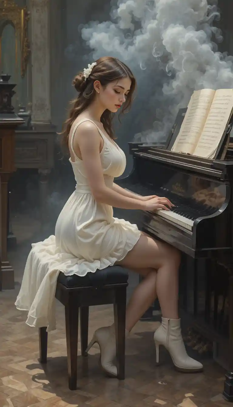 Young woman in white playing piano in smoky room