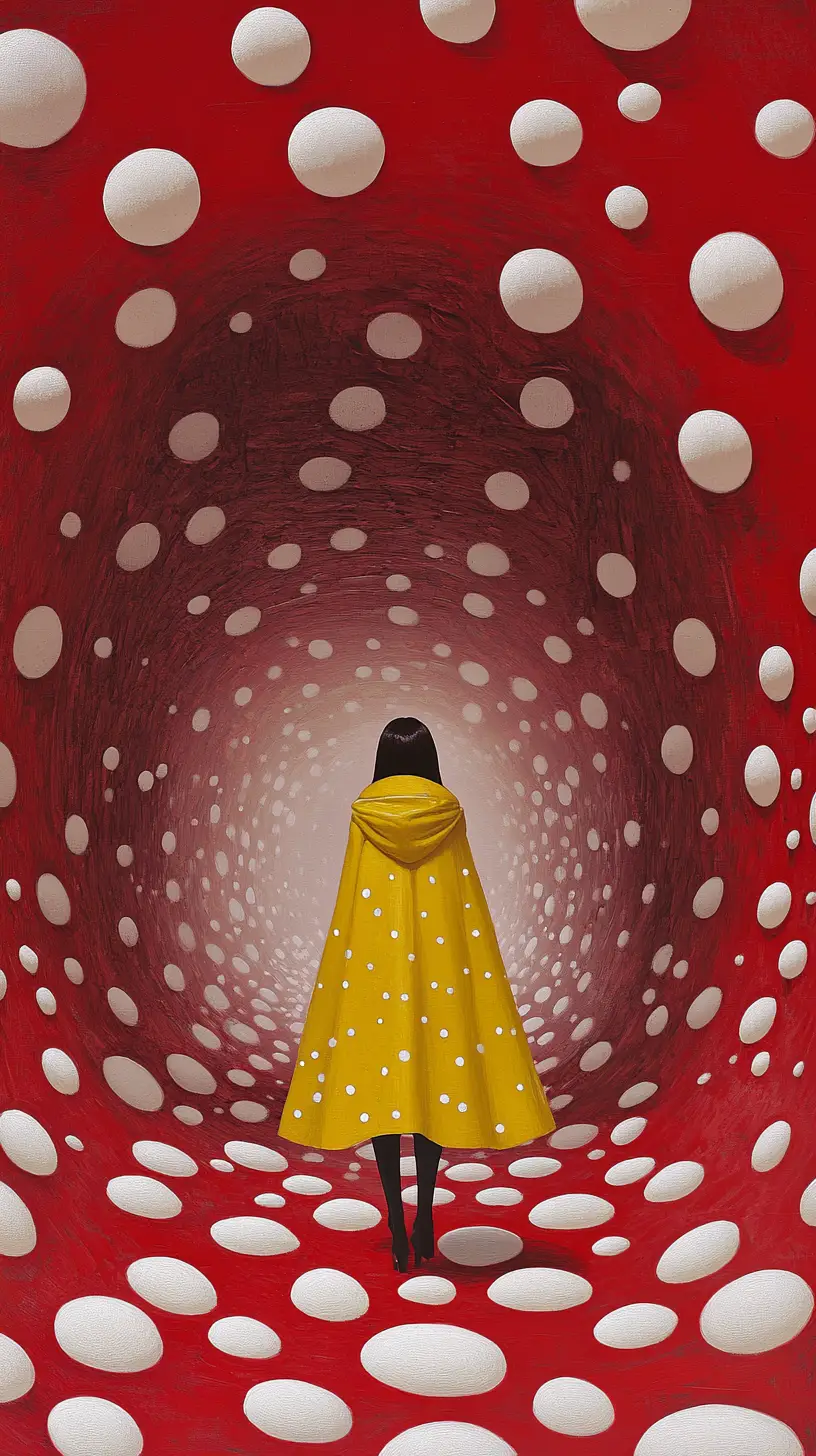 Surreal woman in red polka dot tunnel with umbrella