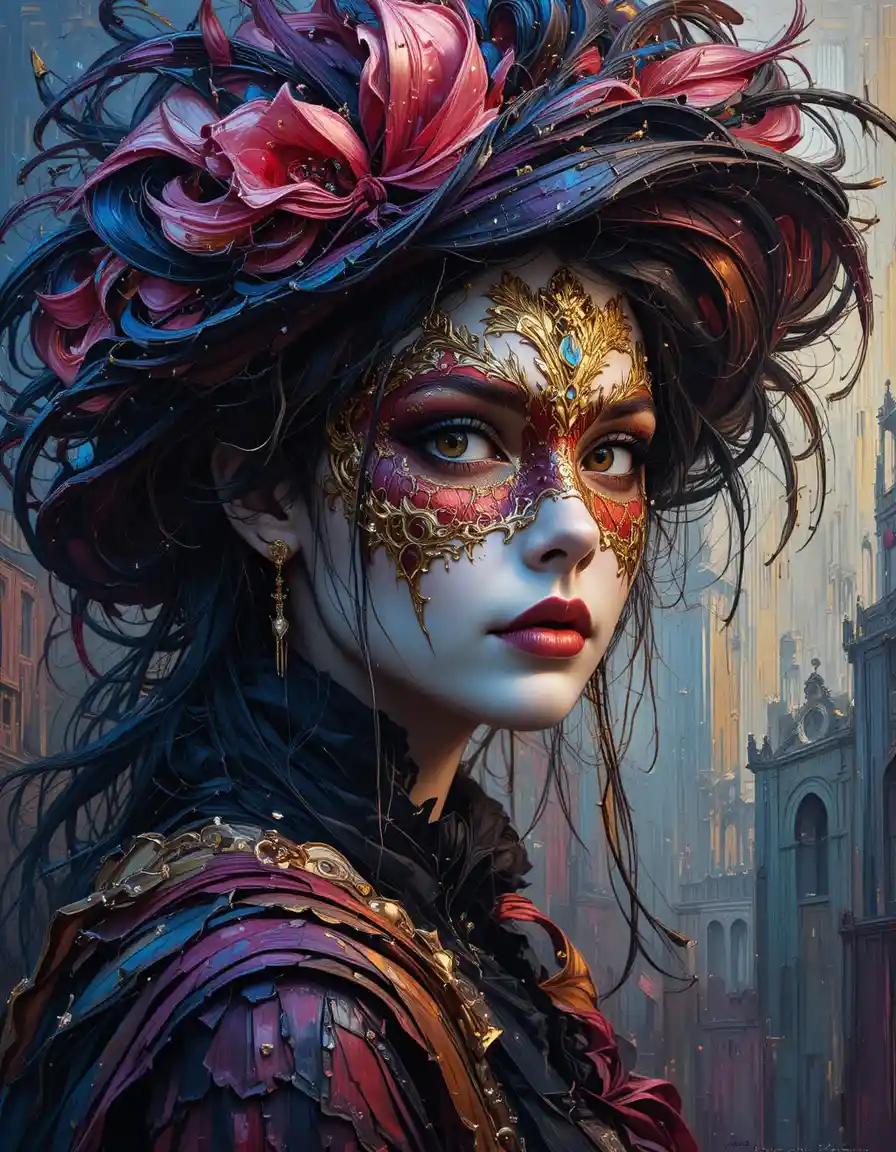 Woman In Venetian Mask Painted With Dramatic Chiaroscuro