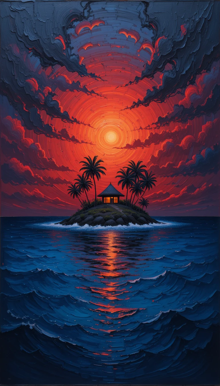 Small tropical island hut under a vivid red sunset sky