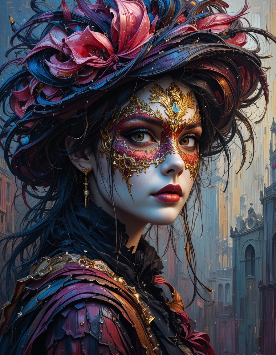 Woman In Venetian Mask Painted With Dramatic Chiaroscuro