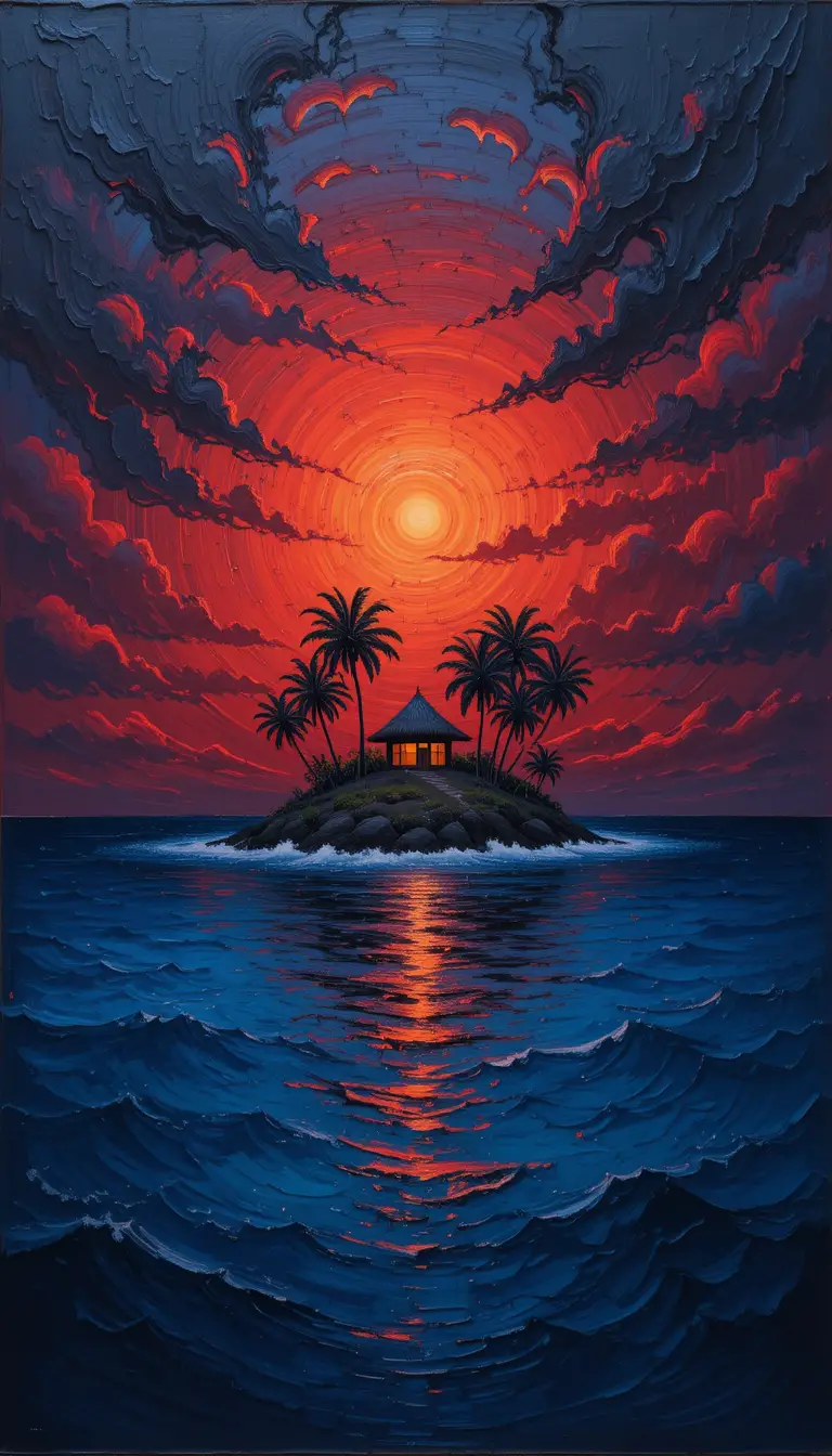 Small tropical island hut under a vivid red sunset sky