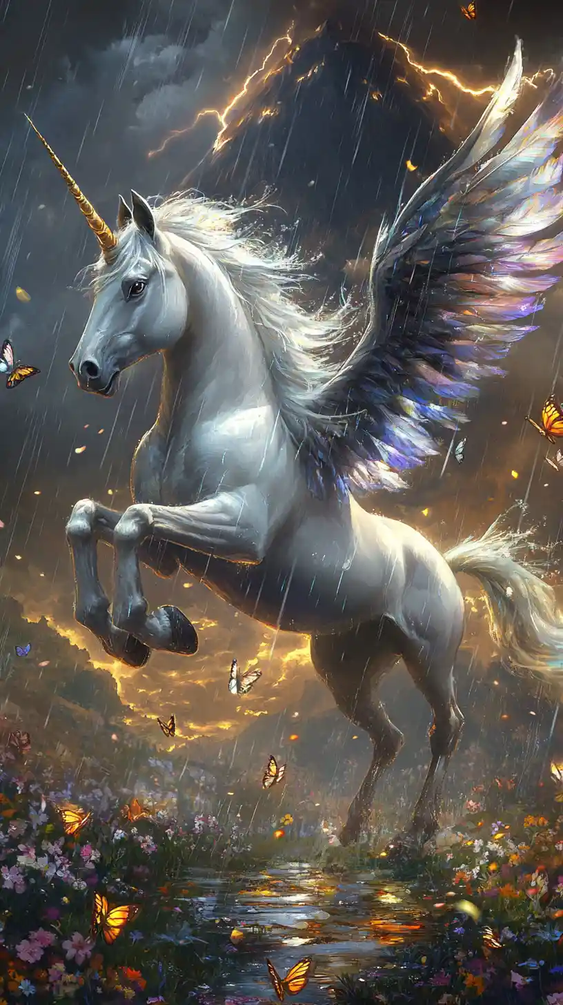 Majestic white unicorn rearing in a stormy flower meadow