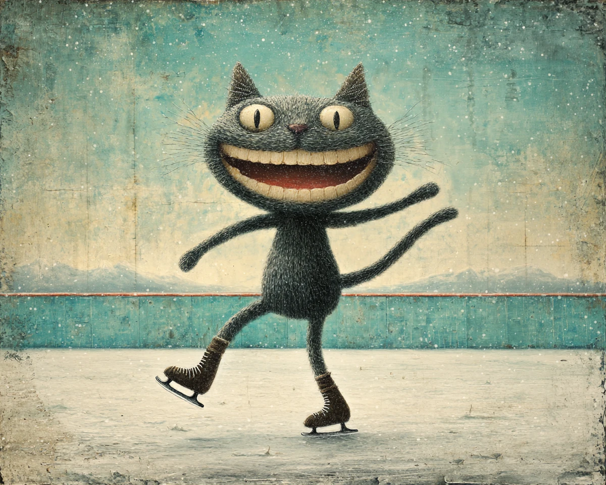 Laughing female cat figure skating in an Olympic ice rink