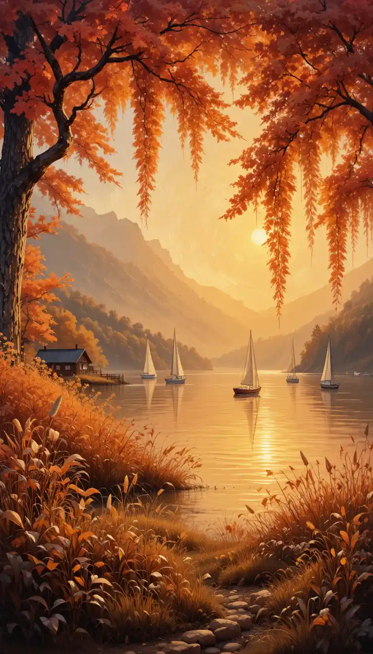 Autumn lake with sailboats at golden hour in oil painting