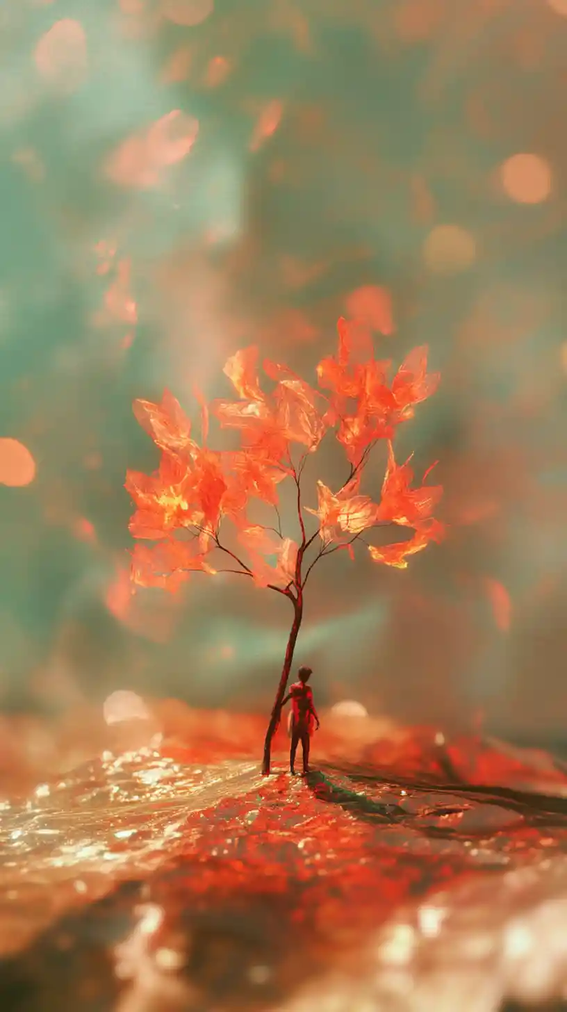 Surreal minimalist diorama in fiery red collage art