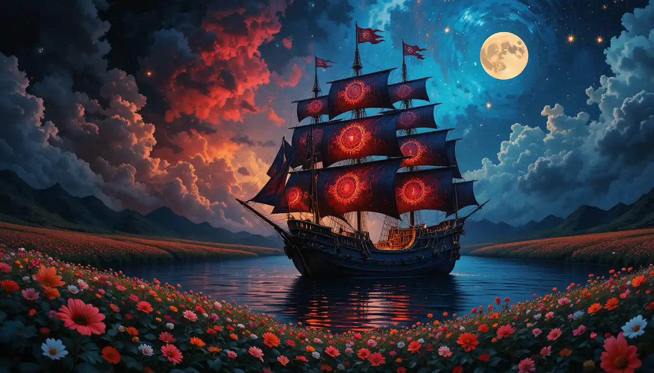 Verspieltes Piratenschiff segelt über einem leuchtenden Blumenfeld
