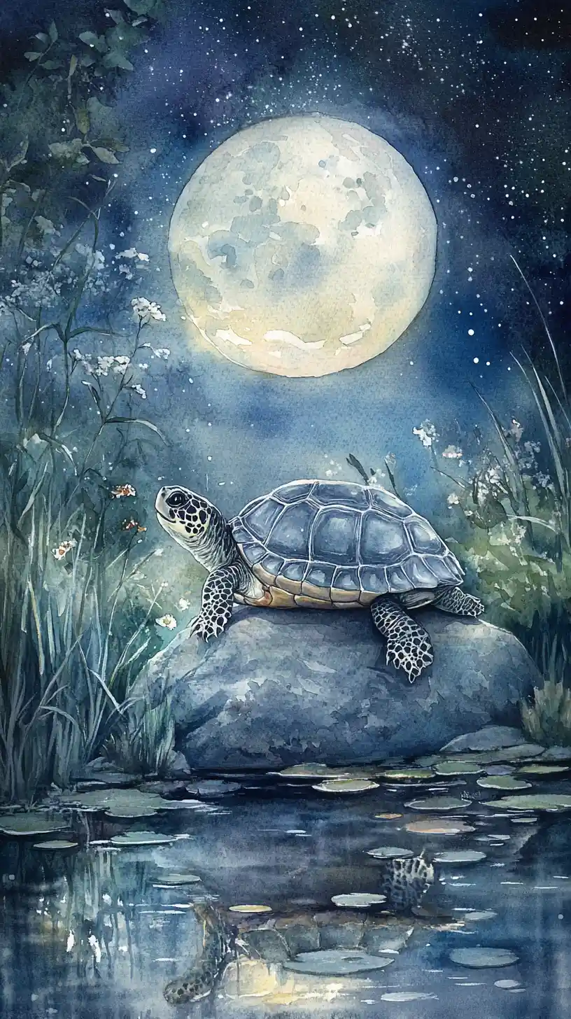 Watercolor turtle resting by a moonlit still pond