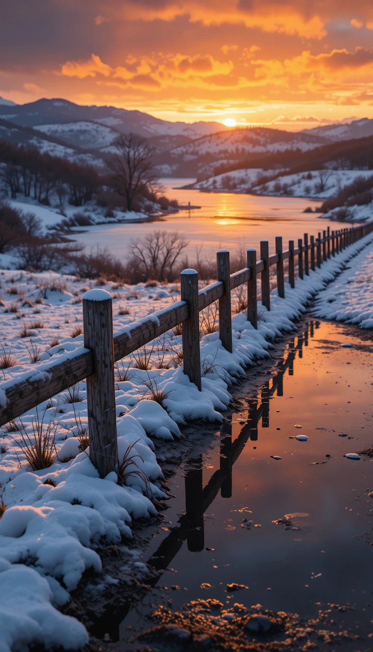 Cerca invernal y río a la hora dorada con reflejos